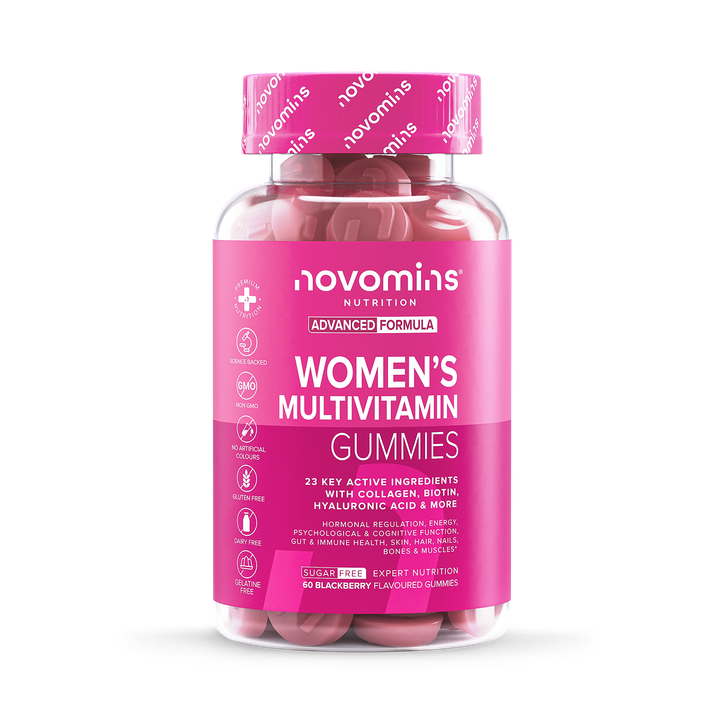 Women's multivitamin gummies in a bottle with 60 blackberry-flavored gummies for daily nutrition and wellness.
