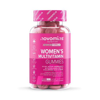 Women's multivitamin gummies in a bottle with 60 blackberry-flavored gummies for daily nutrition and wellness.