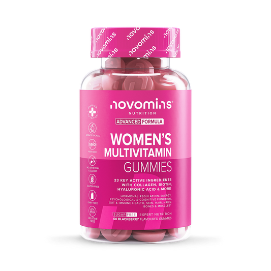 Women's multivitamin gummies in a bottle with 60 blackberry-flavored gummies for daily nutrition and wellness.