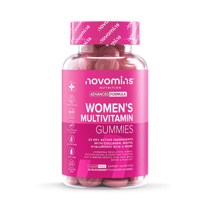 Women's multivitamin gummies in a bottle with 60 blackberry-flavored gummies for daily nutrition and wellness.