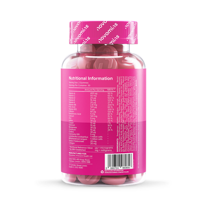 Women's multivitamin gummies nutritional information on the back of the bottle, showcasing key vitamins and ingredients.