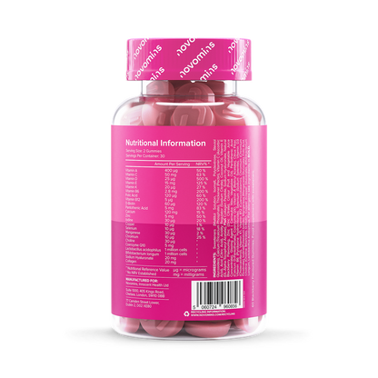 Women's multivitamin gummies nutritional information on the back of the bottle, showcasing key vitamins and ingredients.
