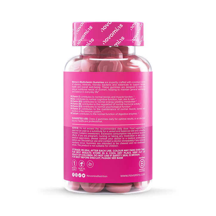 Women's multivitamin gummies bottle showcasing blackberry-flavored gummy supplements for daily nutrition.