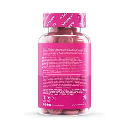 Women's multivitamin gummies bottle showcasing blackberry-flavored gummy supplements for daily nutrition.