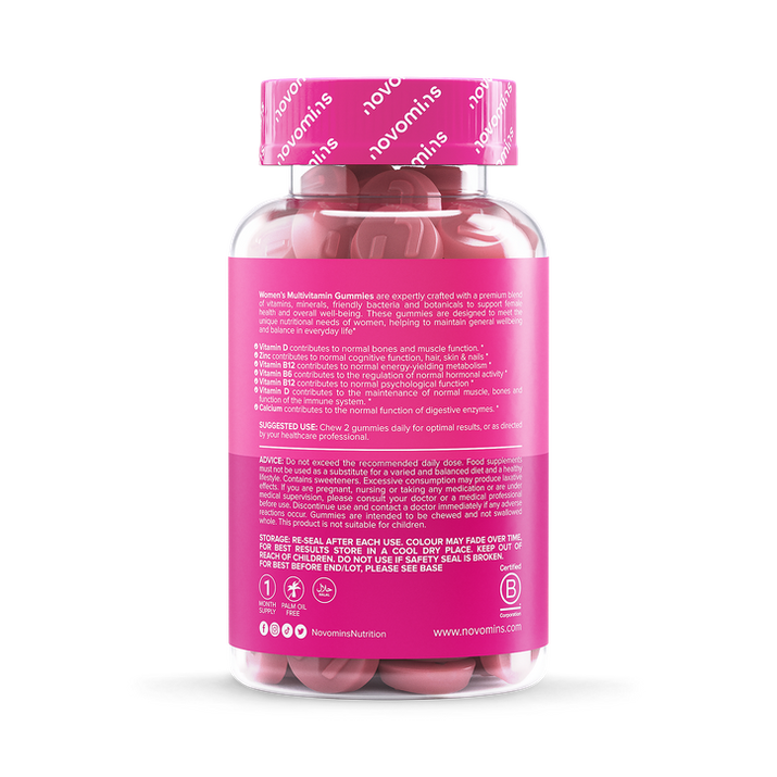 Women's multivitamin gummies bottle showcasing blackberry-flavored gummy supplements for daily nutrition.